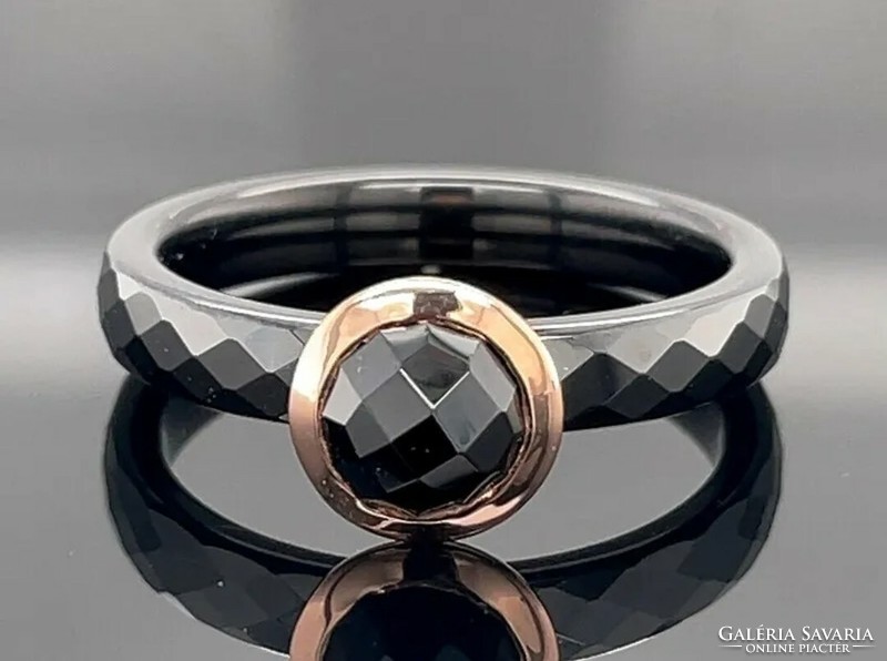 Real onyx gemstone 925 sterling silver/ceramic ring rose gold plated -- size 54 new