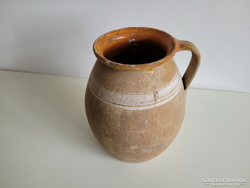 Old inside-glazed folk 30 cm earthenware pot pot pot with handle jug spout earthenware jug linen pot