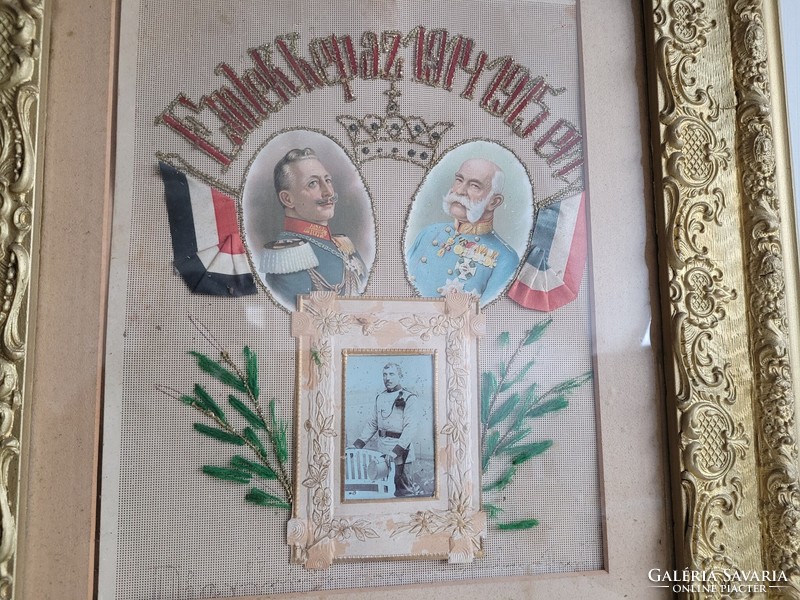 Régi obsit nagy méretű Ferenc József képes 67,5 cm leszerelő levél 1914 -15 hímzett emlék Monarchia