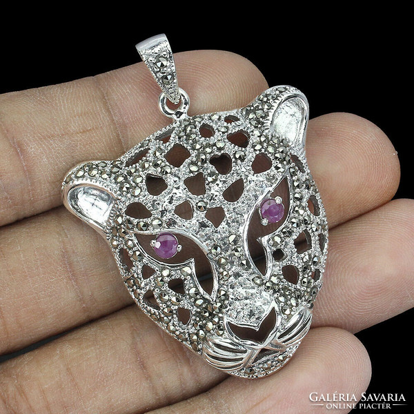 Real ruby marcasite 925 silver tiger medal