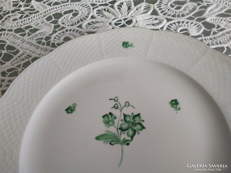 Herend green floral cake stand with basket-weave edge, label.