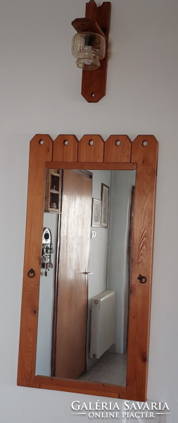 Wooden framed mirror and wall lamp, with yellow glass cover, old antique, retro, unique, hall set