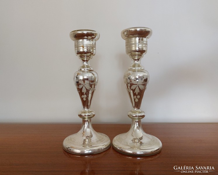 Huta glass, old candle holder, silver glass, 2 pcs