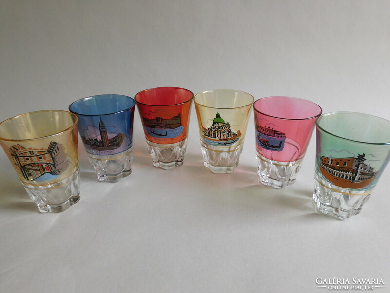 Vintage colorful Venetian decorated cups - set of 6 short drink glasses