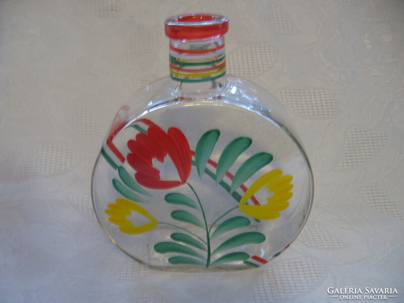 Old painted Hungarian glass bottle, water bottle