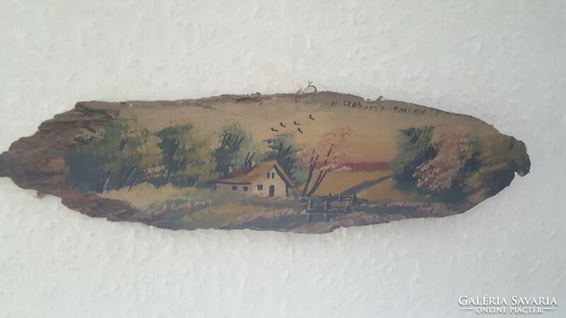 Landscape wall decoration painted on old wood