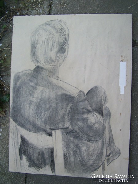 Ismeretlen művész, XX.század közepe: Háttal ülő férfi - 80x60 cm. szénrajz kartonon kasíroz