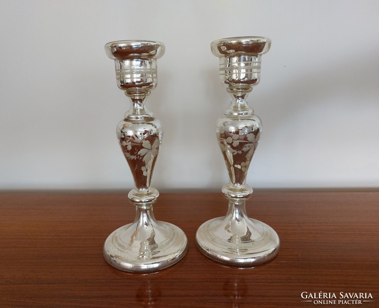 Huta glass, old candle holder, silver glass, 2 pcs