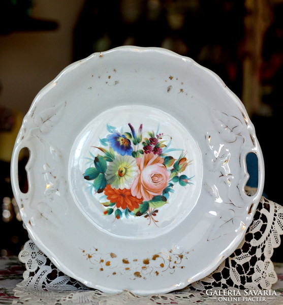 Antique, Biedermeier, hand-painted, porcelain serving bowl with handle