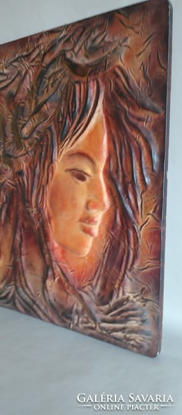 Art Nouveau leather picture signed 55 cm negotiable!