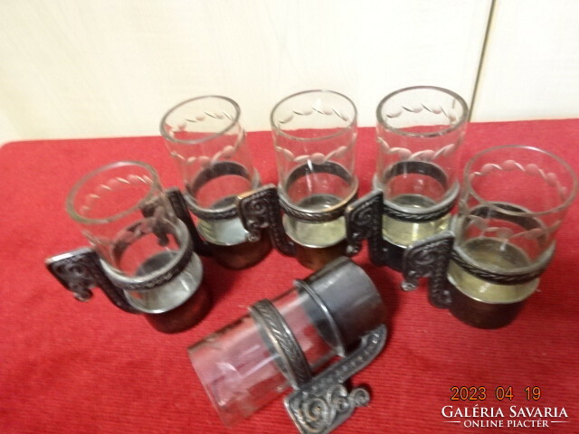 Glass liqueur glass in a metal holder, six pieces for sale. Jokai.