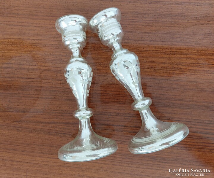 Huta glass, old candle holder, silver glass, 2 pcs