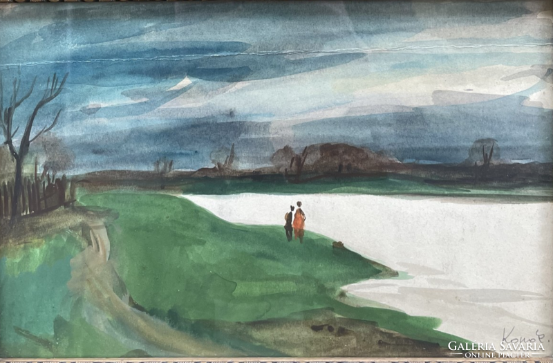 Konok Tamás (1930-2020) Vízparton c.Képcsarnokos akvarell