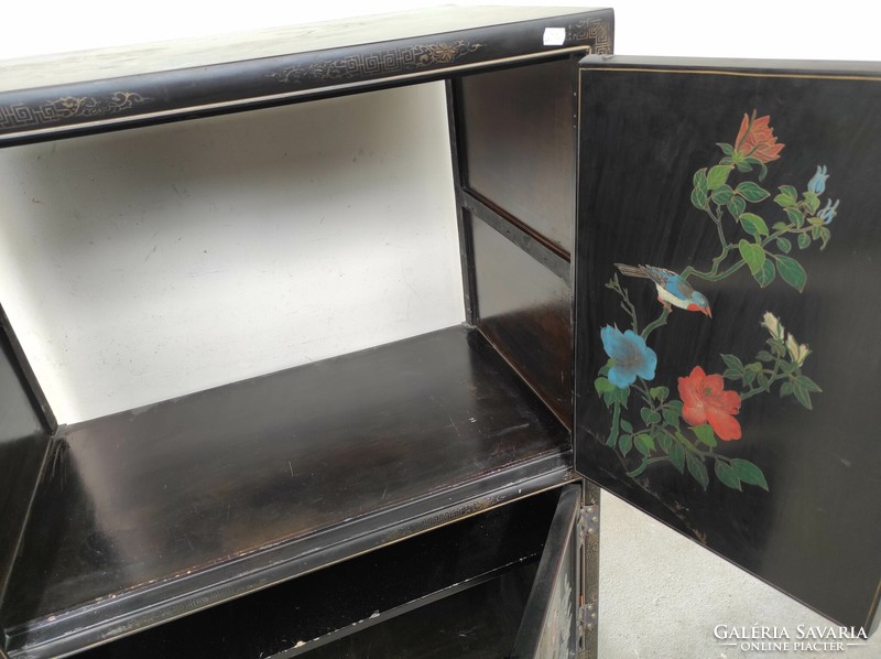 Antik kínai bútor növény madár zsírkő dombor berakásos festett fekete lakk szekrény 601 7306