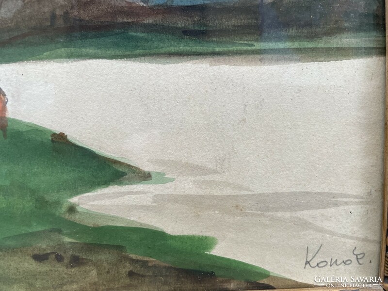 Konok Tamás (1930-2020) Vízparton c.Képcsarnokos akvarell