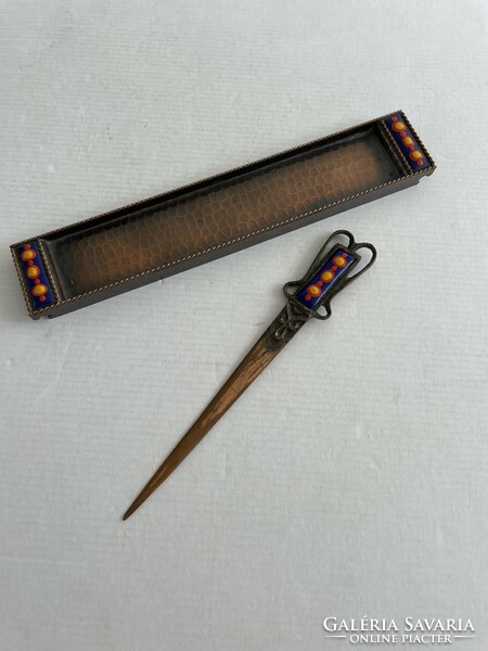 Retro, vintage craftsman copper tray and leaf opener, paper cutter knife with fire enamel decoration