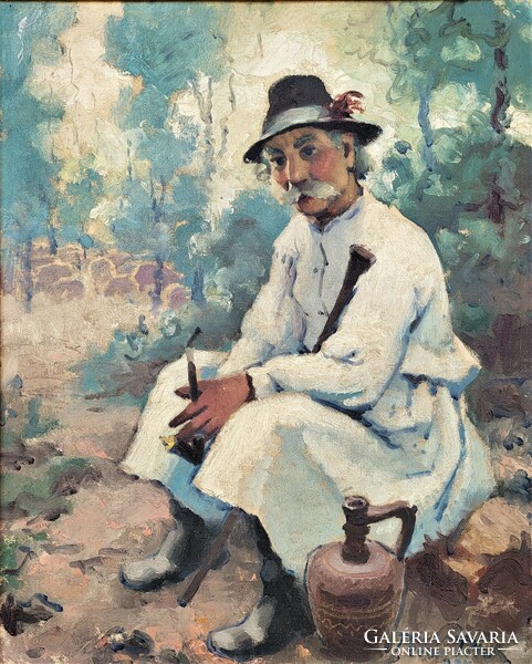 Pécsi-Pilch Dezső (1888 - 1949) Pipázó Juhász 1934 c. festménye Eredeti Garanciával!