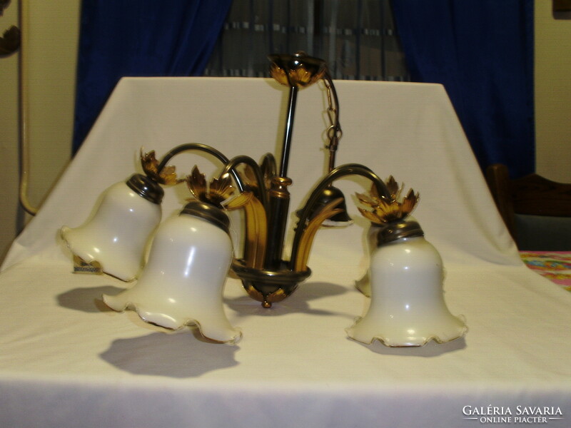 Vintage chandelier with five cup-shaped shades, gilded metal parts