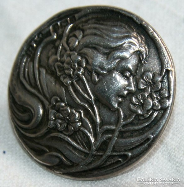 Antique silver Art Nouveau period button decorated with a female portrait, hallmarked, master-marked