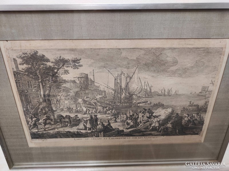 Antik barokk hajó hajózás metszet 1720-1744 nyomat Jacques Rigaud keretben 879 7007