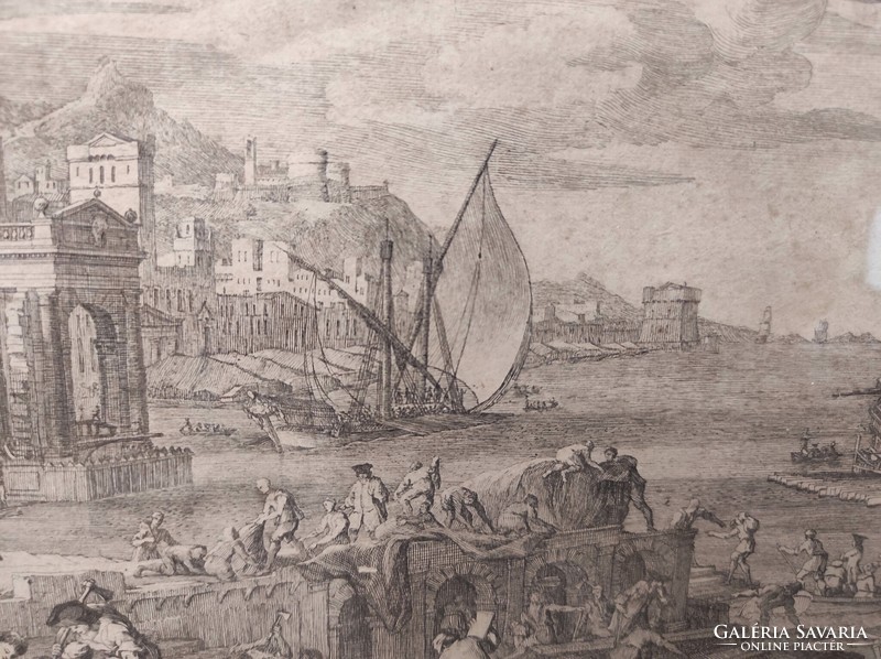 Antik barokk hajó hajózás metszet 1720-1744 nyomat Jacques Rigaud keretben 881 7009