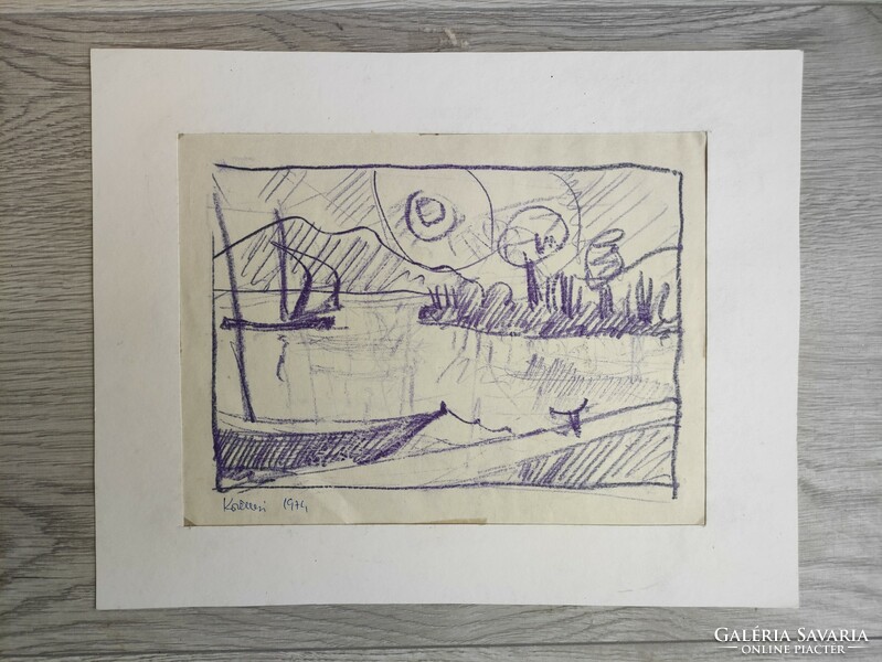 Contemporary painter Attila Korényi, Balatonalmád coast with sailboats, 1974. Purple ink without frame