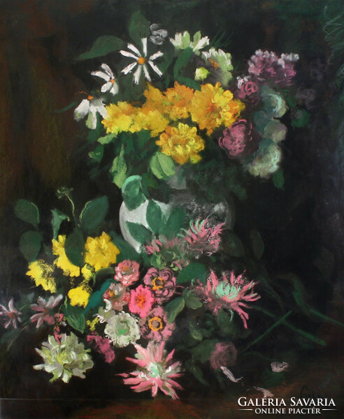 Páldy Zoltán (1884-1939) Virágcsendélet 100x84cm Pasztell Papír | Virágcsokor Csendélet