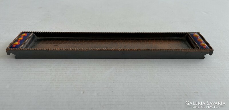 Retro, vintage craftsman copper tray and leaf opener, paper cutter knife with fire enamel decoration