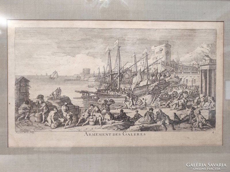 Antique baroque ship sailing engraving 1720-1744 print jacques rigaud in frame 878 7006