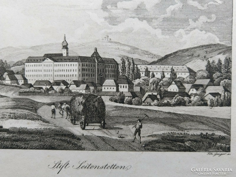 Sift Seitenstetten, Austria. Original wood engraving ca. 1835