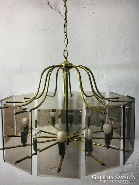 Vintage copper chandelier with smoky glass panels, 1970's - 51039