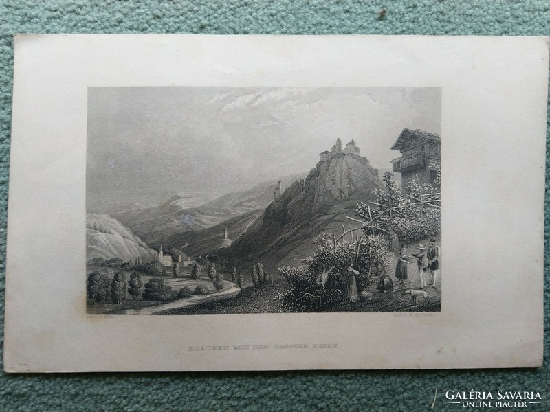 Klausen mit der kloster seben, Tirol. Original wood engraving ca. 1835