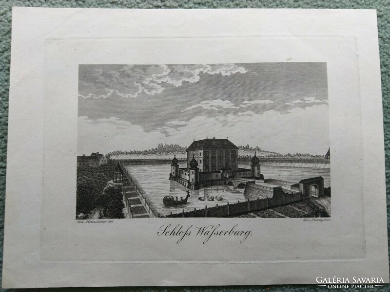 Schloss Wasserburg, Austria?. Original wood engraving ca. 1835