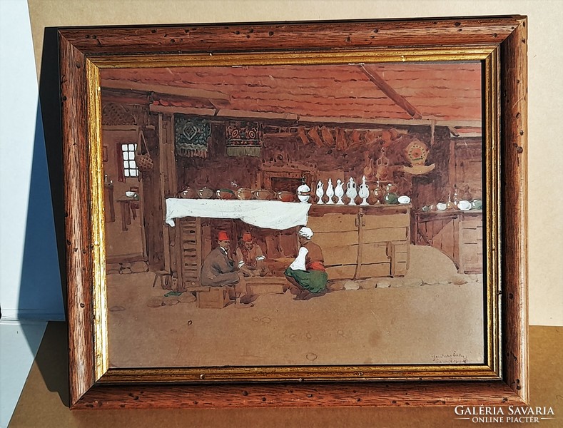 Ödön Gertsner (Veszprém, 1882 - 1952): life in a bazaar, Sarajevo, 1909. Watercolor