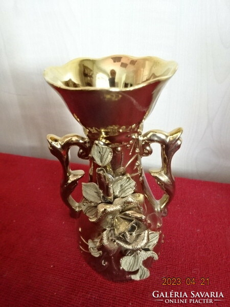 Romanian porcelain vase, gilded, rose pattern, height 14.5 cm. Jokai.