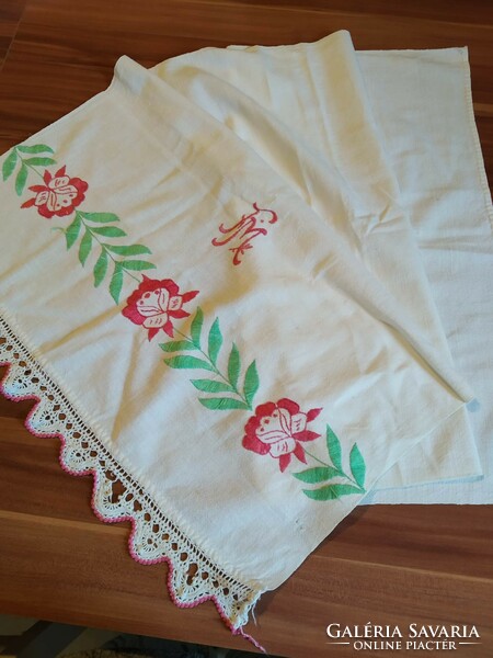 Antique monogrammed (f.M.), embroidered towel with crocheted edge, approx. 90 years old, size: 110 cm x 55 cm