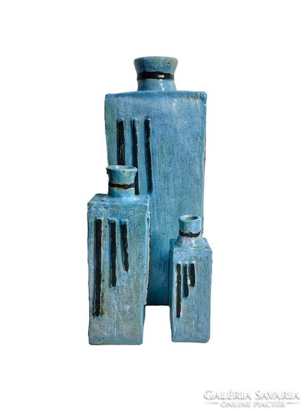 Mid century modern powder blue glazed 3-piece ceramic vase set, 1960's / 1970's - 50606