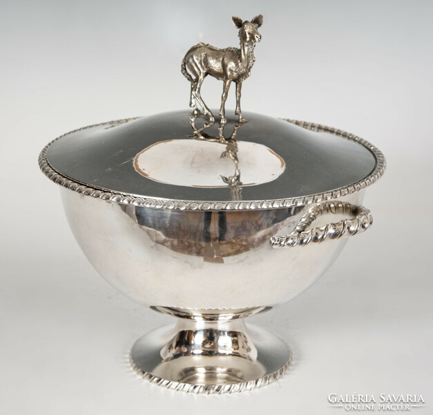 Silver covered bowl with moose figure on top