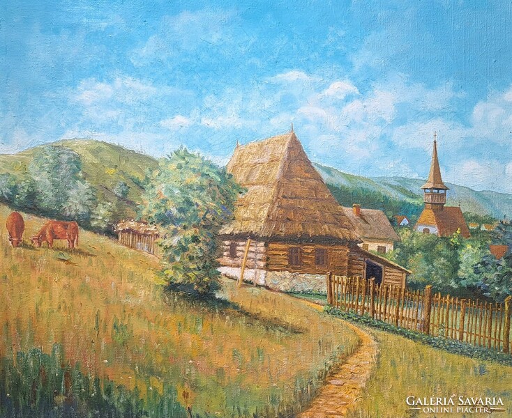 Transylvanian village - thatched cottages grazing cattle - marked 