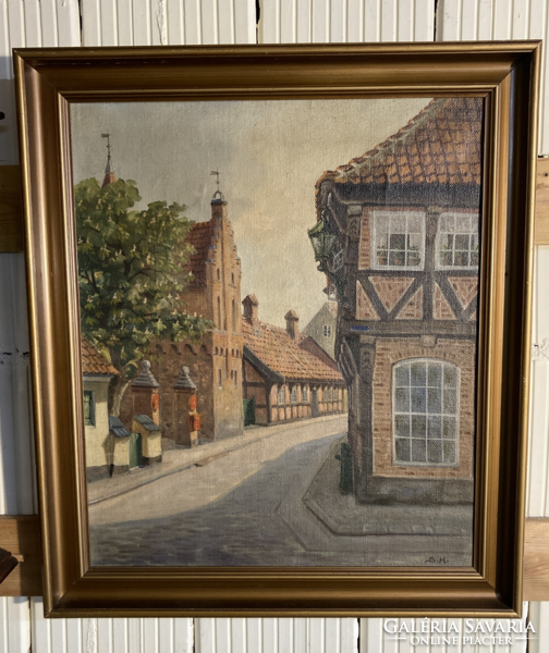 Street detail Flensburg, signed oil painting