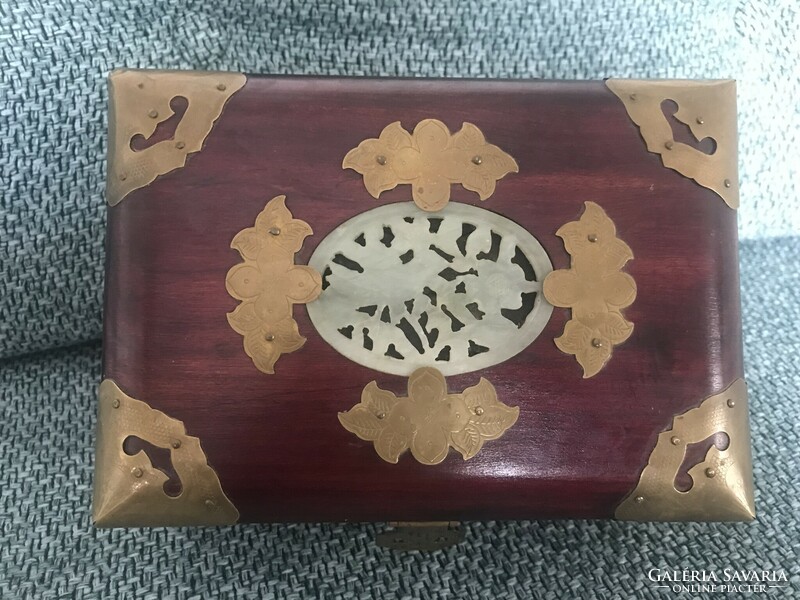 Musical Chinese copper jewelry box inlaid with soapstone