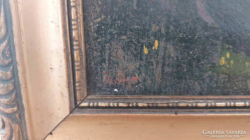 (K) Antik szignózott életkép festmény 42x55 cm kerettel