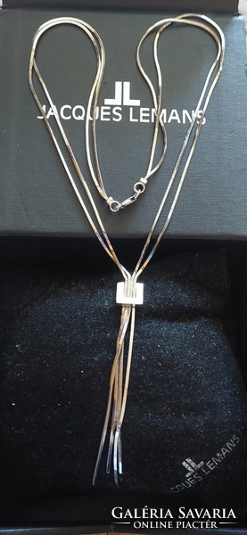 Gyönyörű kétsoros ródiumozott ezüst nyaklánc, collier hosszú függőkkel