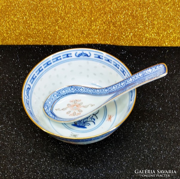 Tradicionális kínai porcelán leveses készlet - kék mintás, rizs szemes