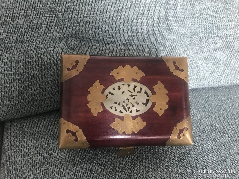 Musical Chinese copper jewelry box inlaid with soapstone