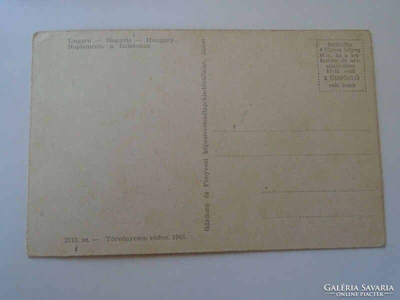 D194976 Régi képeslap   Naplemente a Balatonon - 1943