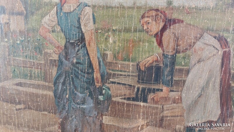 (K) Antik szignózott életkép festmény 30x38 cm kerettel