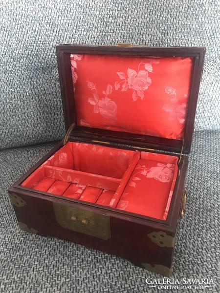 Musical Chinese copper jewelry box inlaid with soapstone