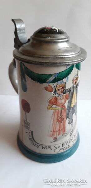 Antique German jug with tin lid, cup