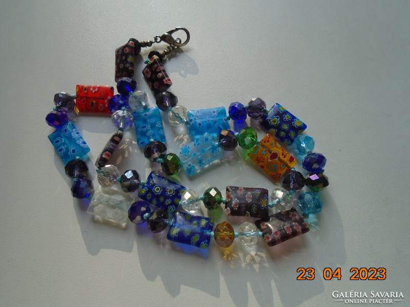 Multi-colored large 15 murano millefiori flat and 34 faceted multicolored swarovski pearl necklaces